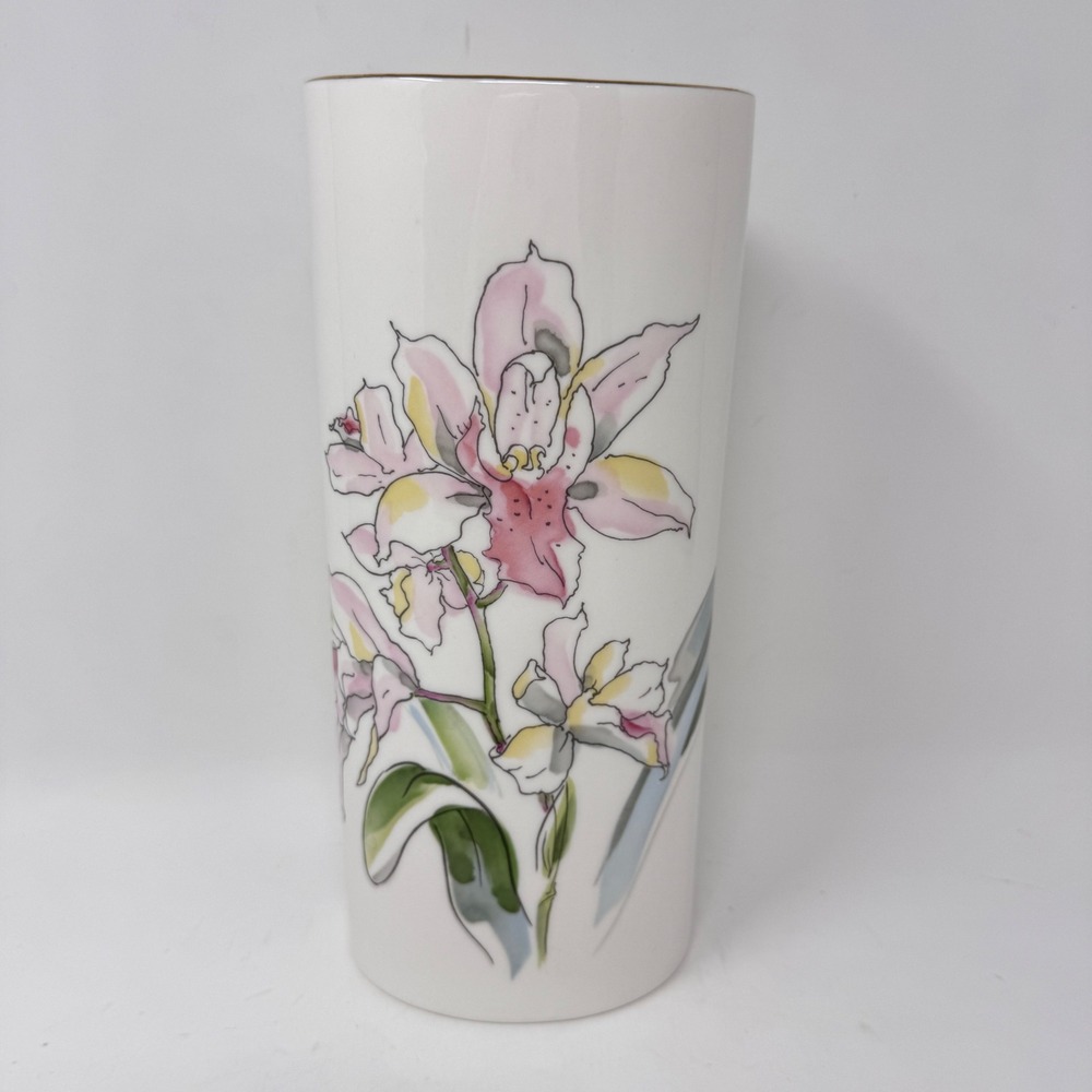 Vintage Japanese Porcelain Floral Vase – Hand-Painted Orchid Design 9.5" Tall
